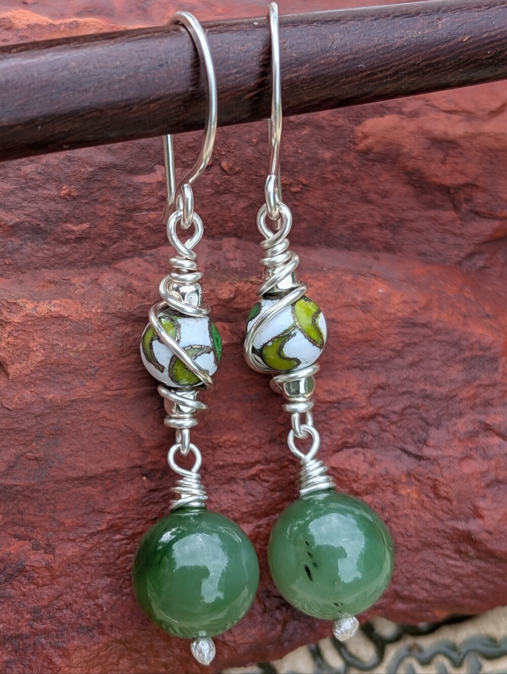 Artisan Jade Earrings-Natural Gemstone and Vintage Cloisonne In Sterling Silver - Picture 13 of 14